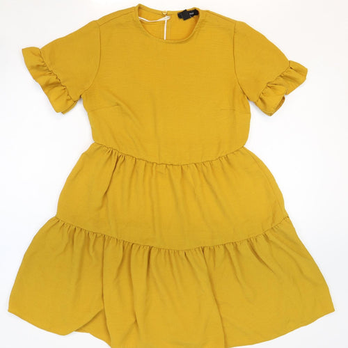 New Look Womens Yellow Polyester Fit & Flare Size 8 Round Neck Button - Tiered
