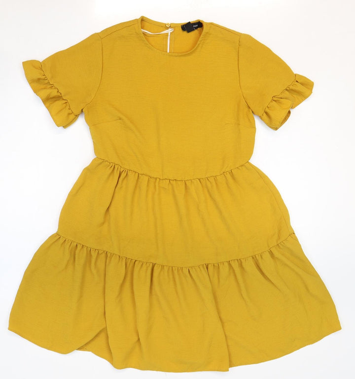 New Look Womens Yellow Polyester Fit & Flare Size 8 Round Neck Button - Tiered