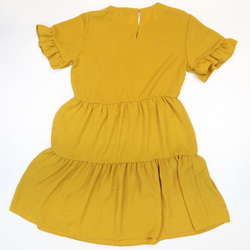 New Look Womens Yellow Polyester Fit & Flare Size 8 Round Neck Button - Tiered