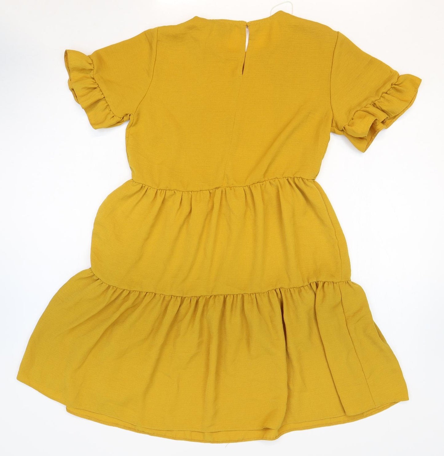 New Look Womens Yellow Polyester Fit & Flare Size 8 Round Neck Button - Tiered