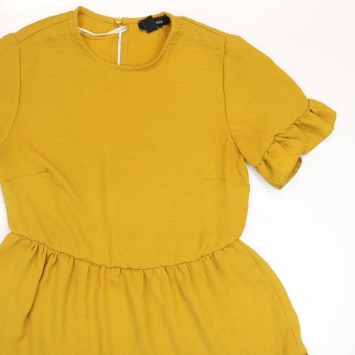 New Look Womens Yellow Polyester Fit & Flare Size 8 Round Neck Button - Tiered