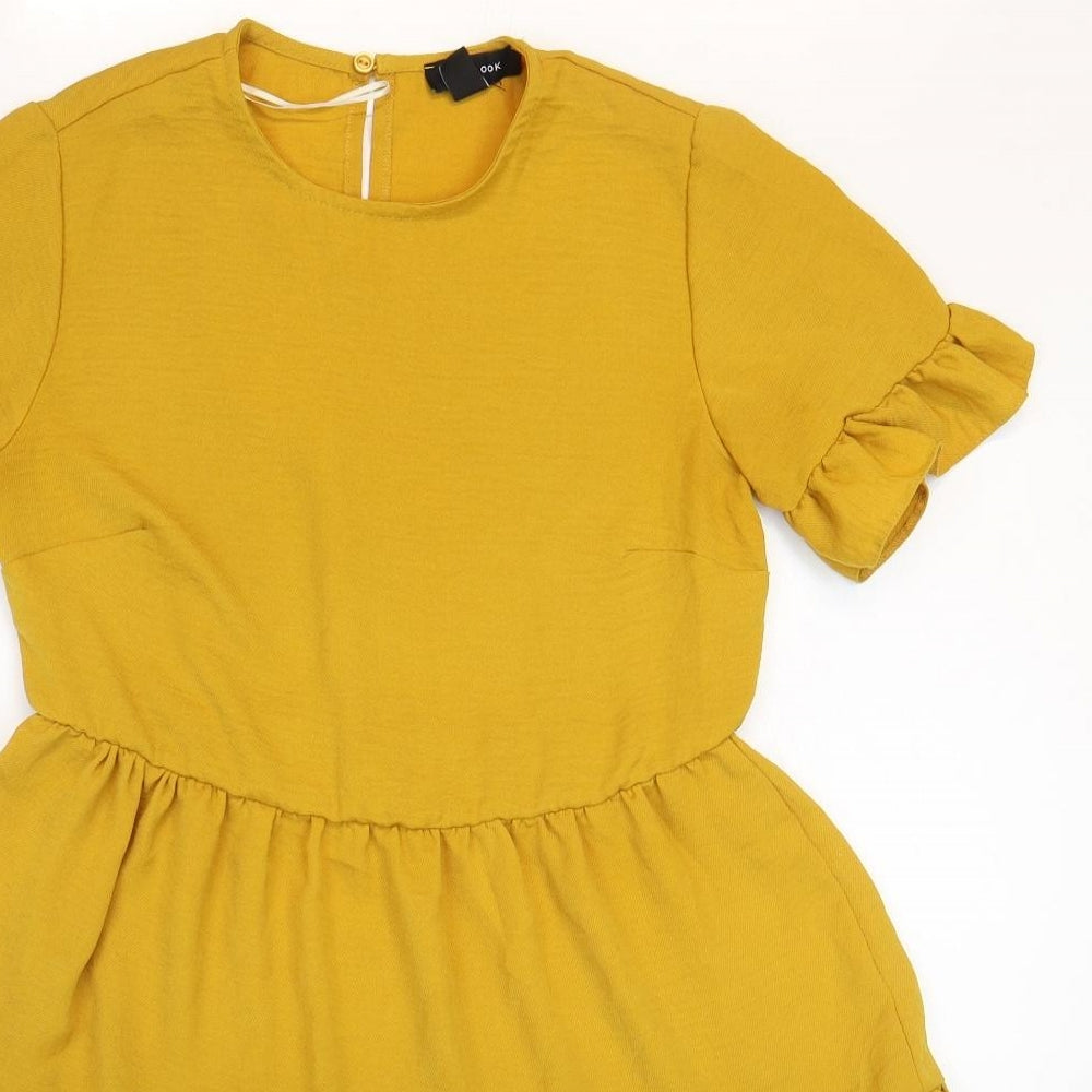 New Look Womens Yellow Polyester Fit & Flare Size 8 Round Neck Button - Tiered