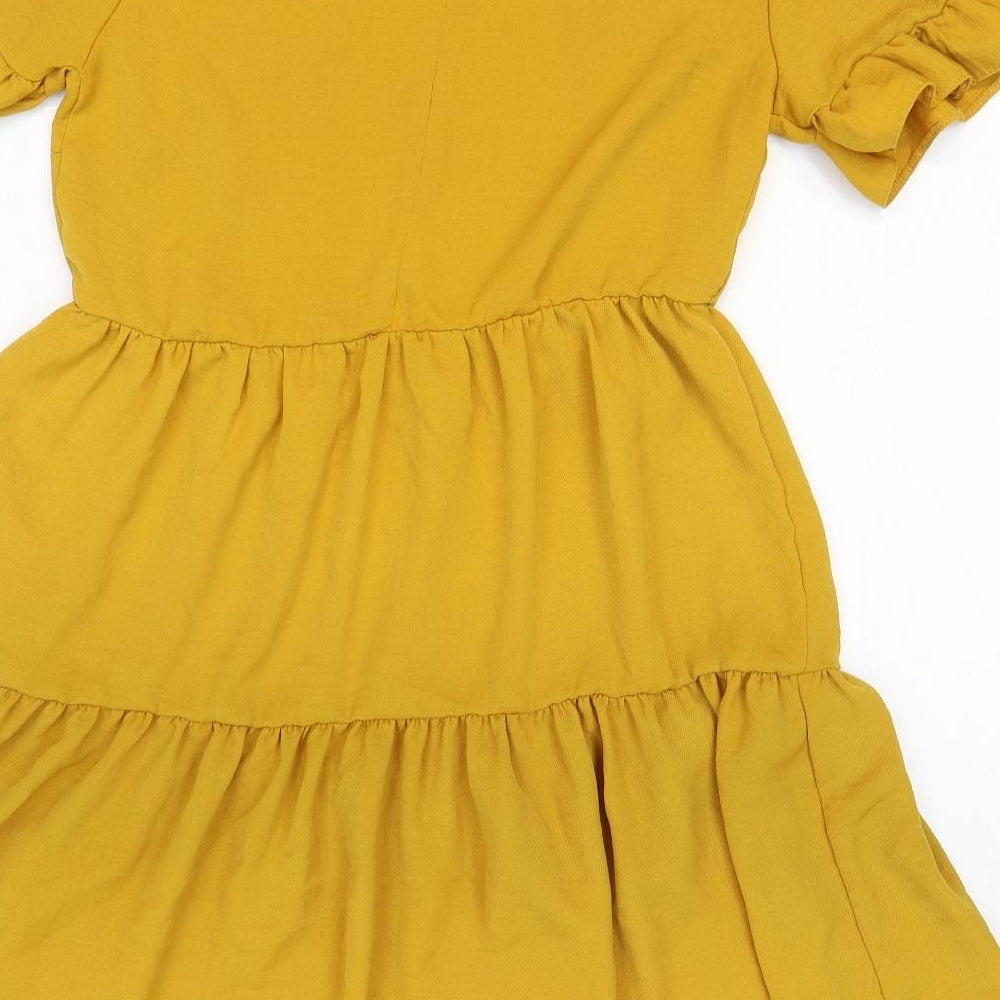 New Look Womens Yellow Polyester Fit & Flare Size 8 Round Neck Button - Tiered
