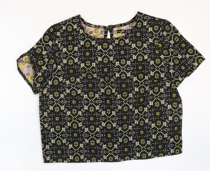 Atmosphere Womens Black Geometric Polyester Basic T-Shirt Size 14 Scoop Neck