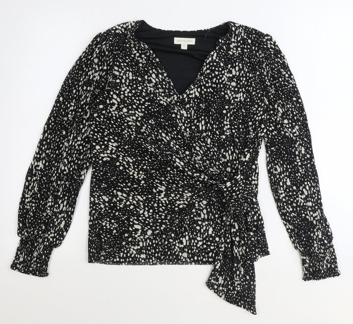 Monsoon Womens Black Geometric Polyester Wrap Blouse Size S V-Neck