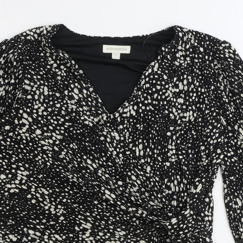 Monsoon Womens Black Geometric Polyester Wrap Blouse Size S V-Neck