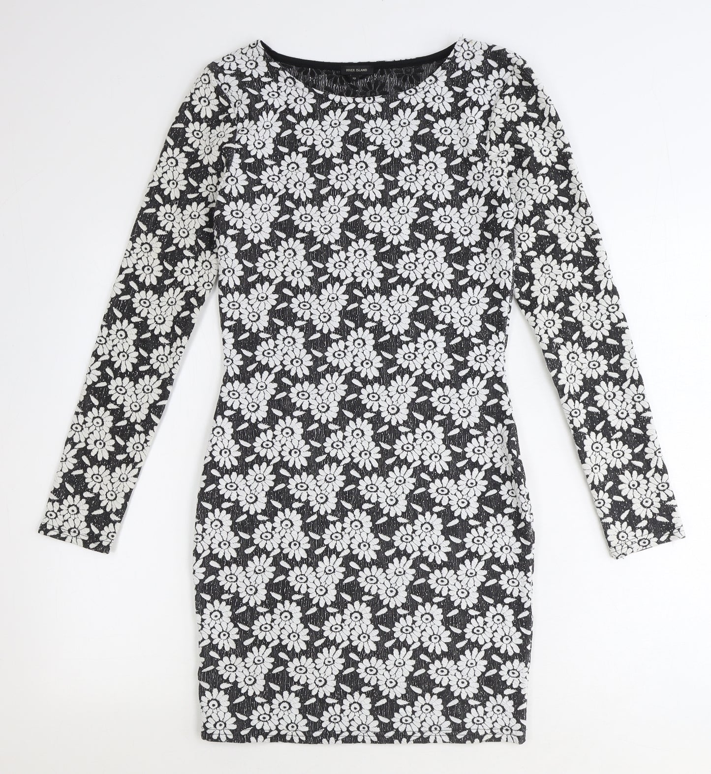 River Island Womens Black Floral Polyester Bodycon Size 10 Boat Neck Pullover