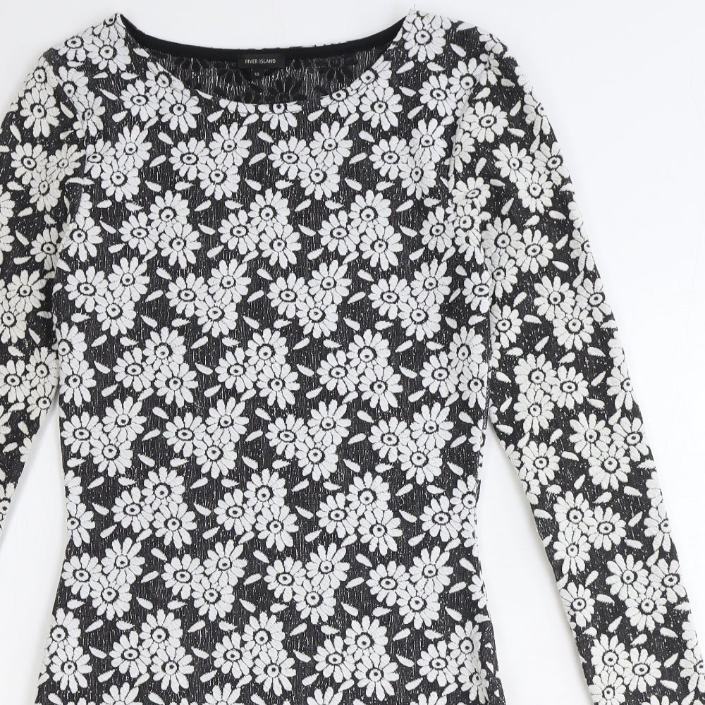 River Island Womens Black Floral Polyester Bodycon Size 10 Boat Neck Pullover