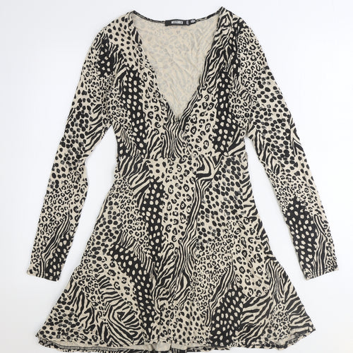 Missguided Womens Beige Animal Print Viscose A-Line Size 6 V-Neck Tie