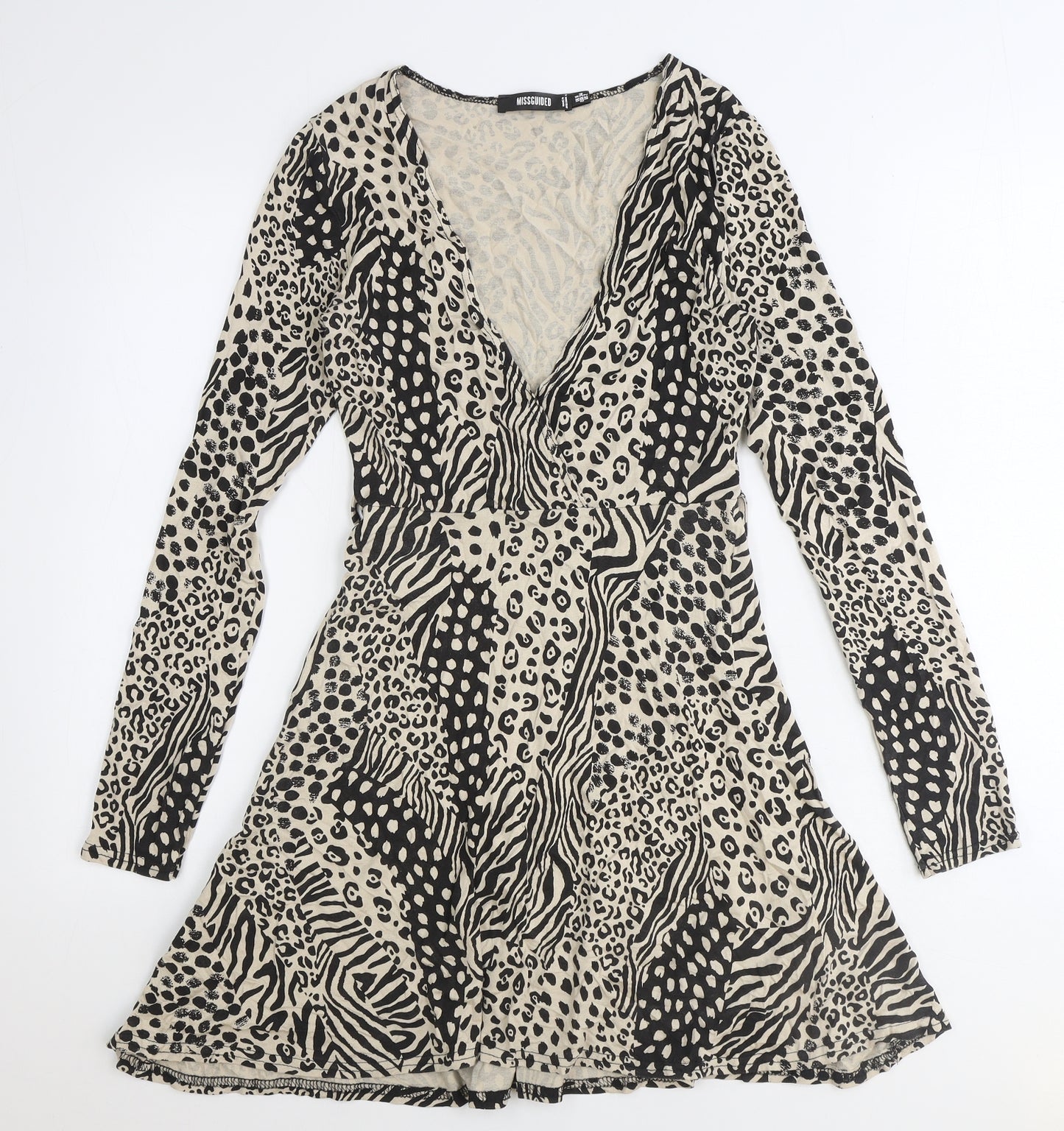 Missguided Womens Beige Animal Print Viscose A-Line Size 6 V-Neck Tie