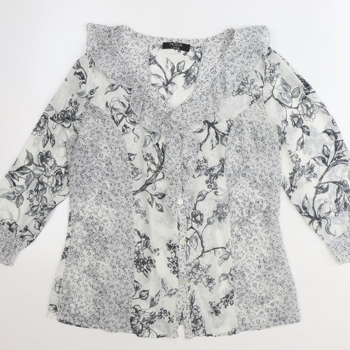George Womens Grey Floral Polyester Basic Button-Up Size 12 V-Neck
