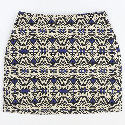 H&M Womens Beige Geometric Polyester Mini Skirt Size 4 Zip