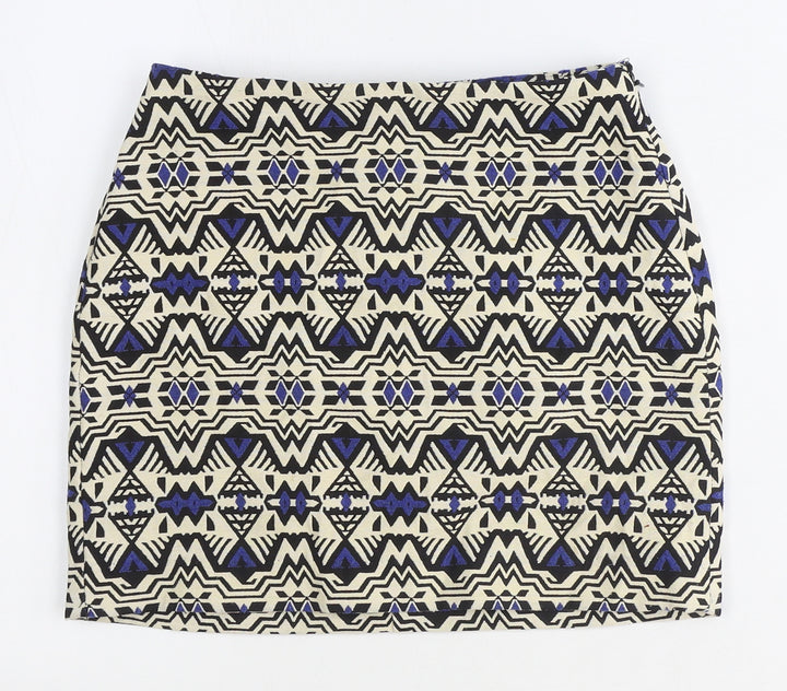 H&M Womens Beige Geometric Polyester Mini Skirt Size 4 Zip
