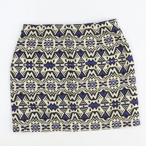 H&M Womens Beige Geometric Polyester Mini Skirt Size 4 Zip