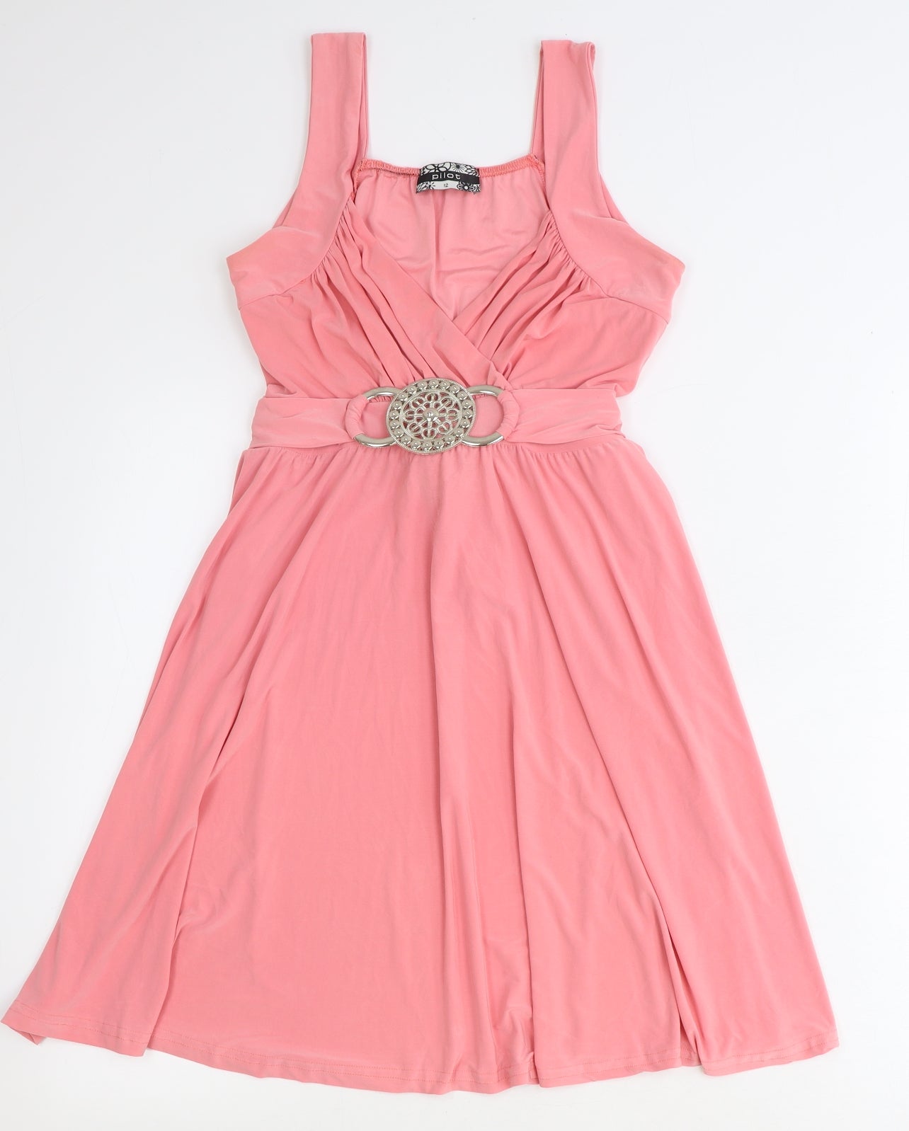 Pilot Womens Pink Viscose Fit & Flare Size 12 V-Neck Tie
