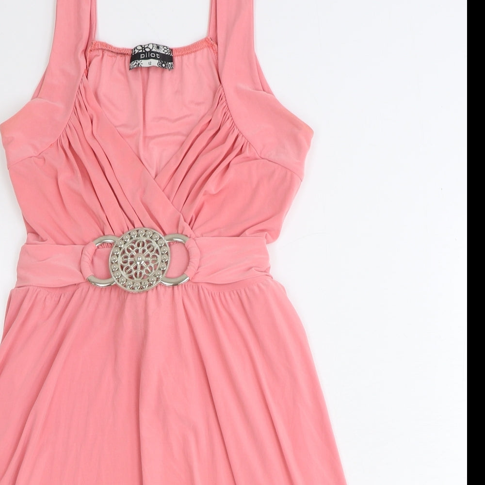 Pilot Womens Pink Viscose Fit & Flare Size 12 V-Neck Tie