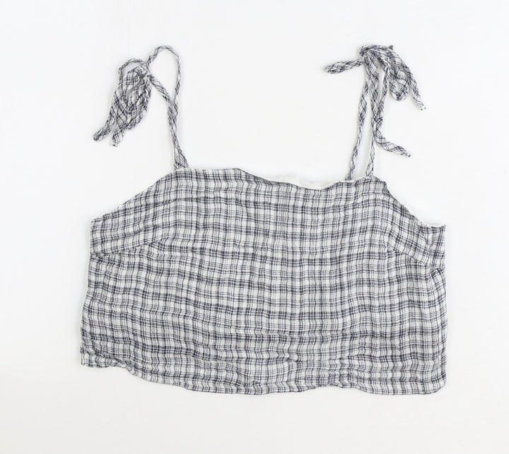 American Eagle Outfitters Womens Blue Plaid Cotton Cropped Blouse Size XS Square Neck - Shoulder Tie Detail