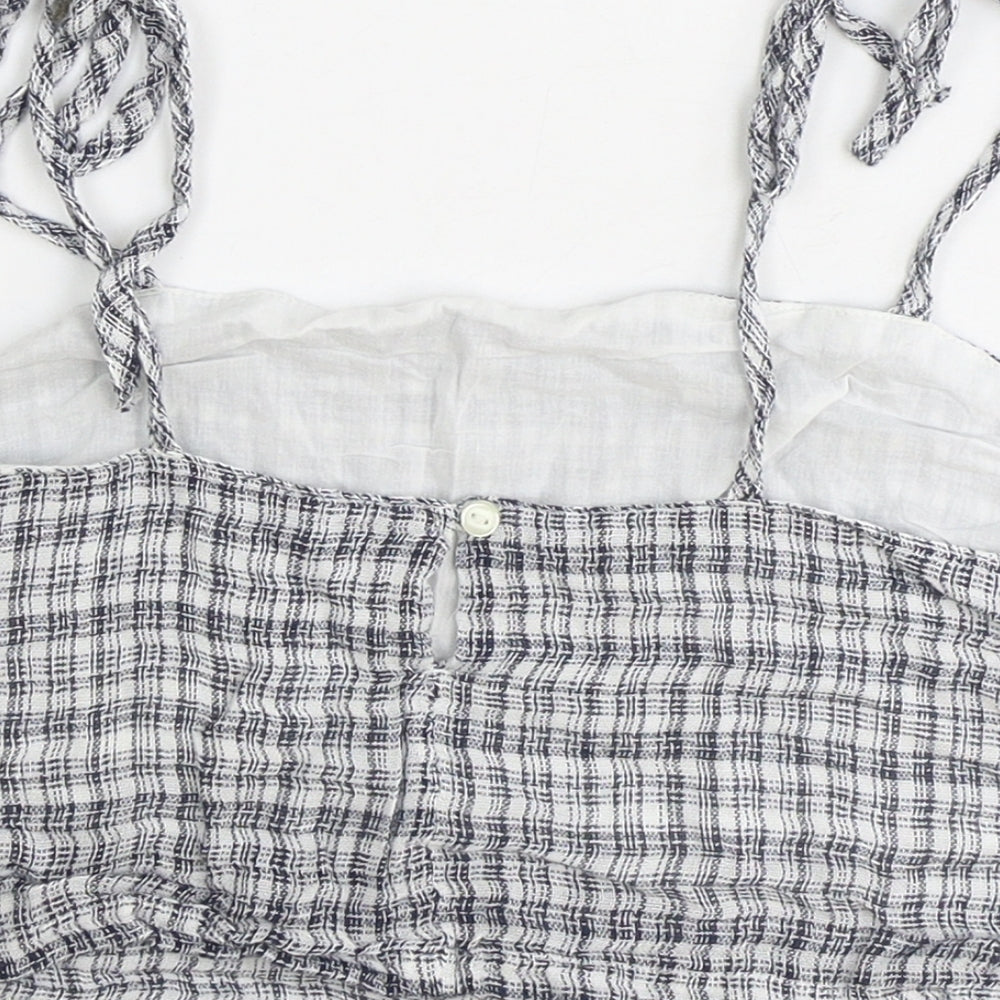 American Eagle Outfitters Womens Blue Plaid Cotton Cropped Blouse Size XS Square Neck - Shoulder Tie Detail