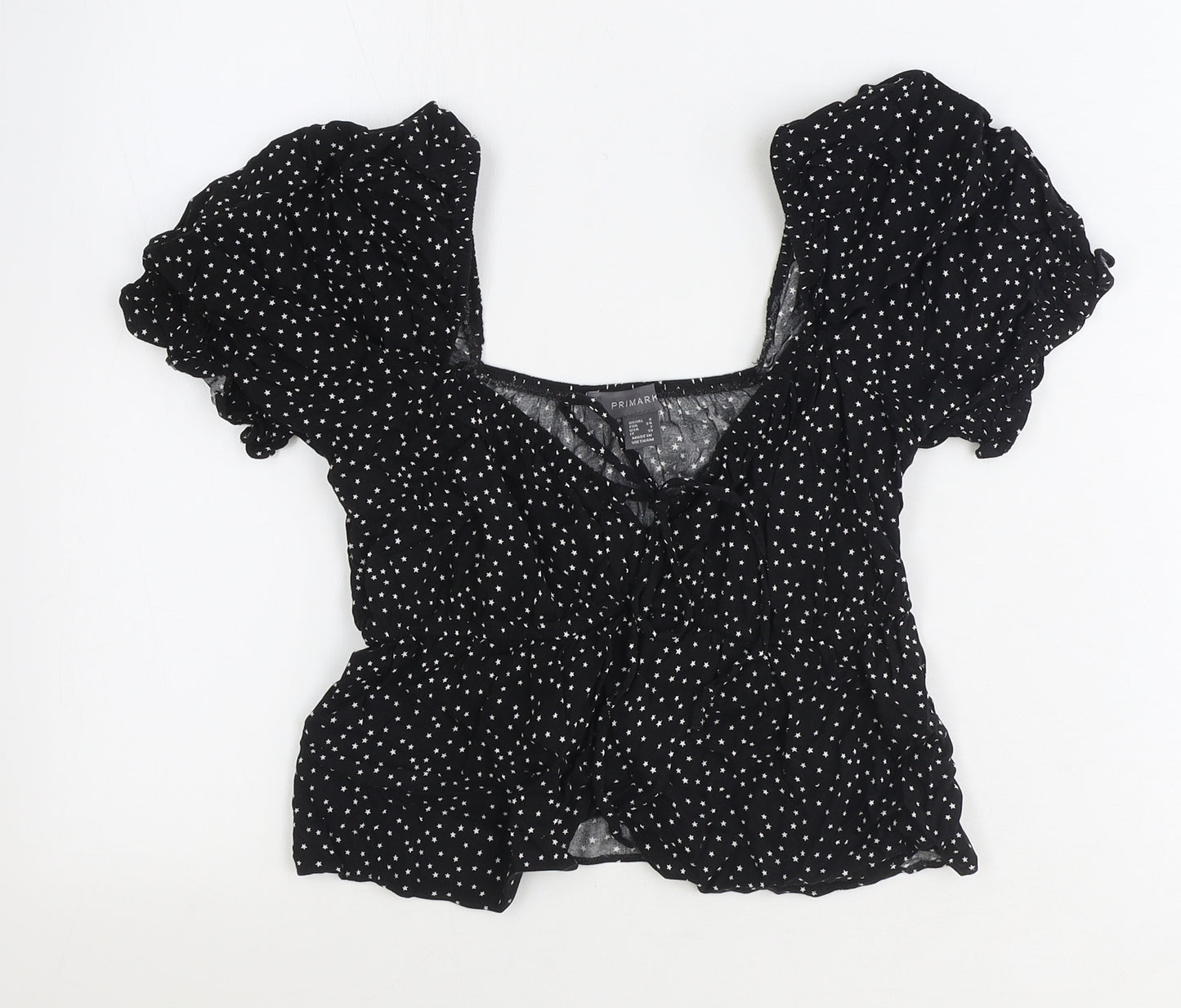 Primark Womens Black Geometric Polyester Basic Blouse Size 6 V-Neck - Stars