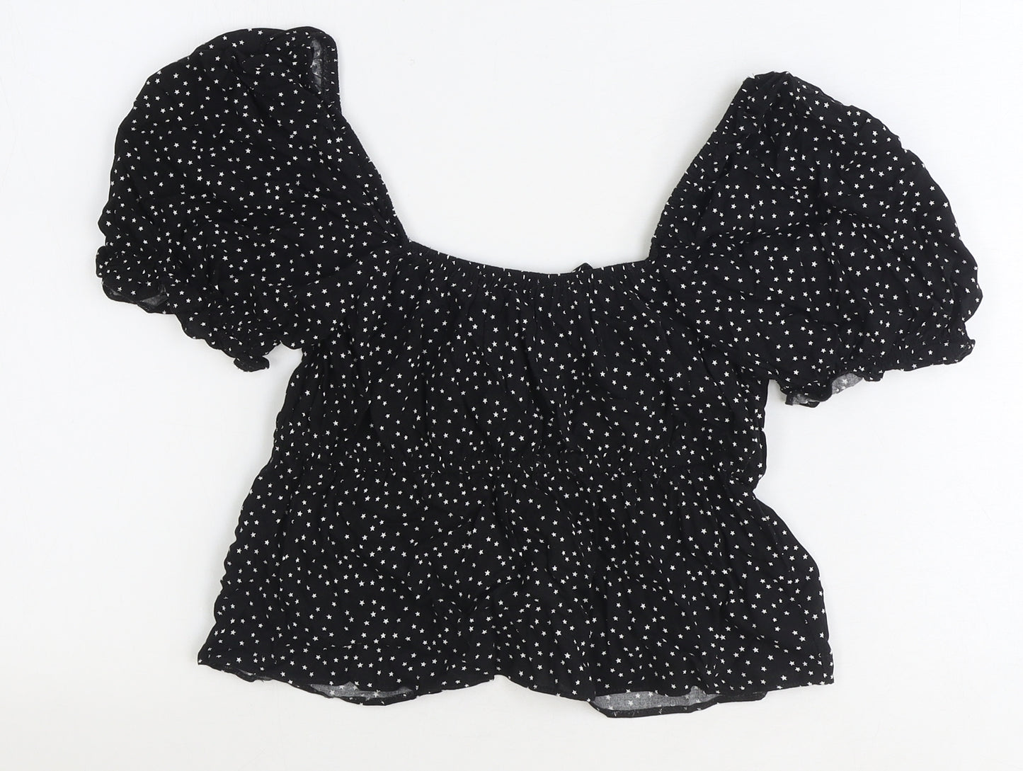 Primark Womens Black Geometric Polyester Basic Blouse Size 6 V-Neck - Stars