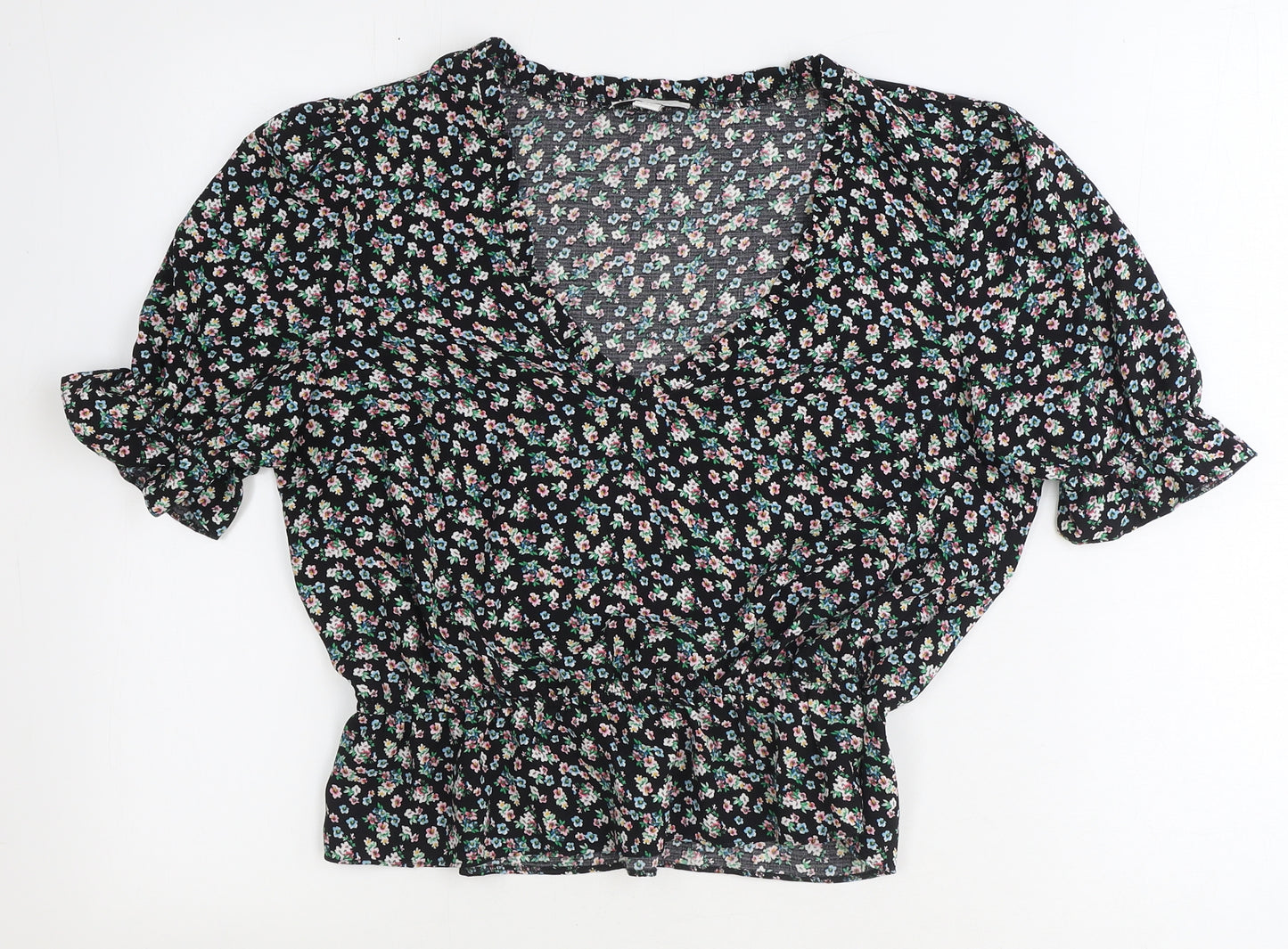 Topshop Womens Black Floral Polyester Cropped Blouse Size 12 Scoop Neck