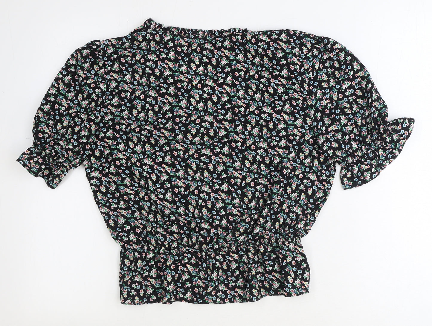 Topshop Womens Black Floral Polyester Cropped Blouse Size 12 Scoop Neck