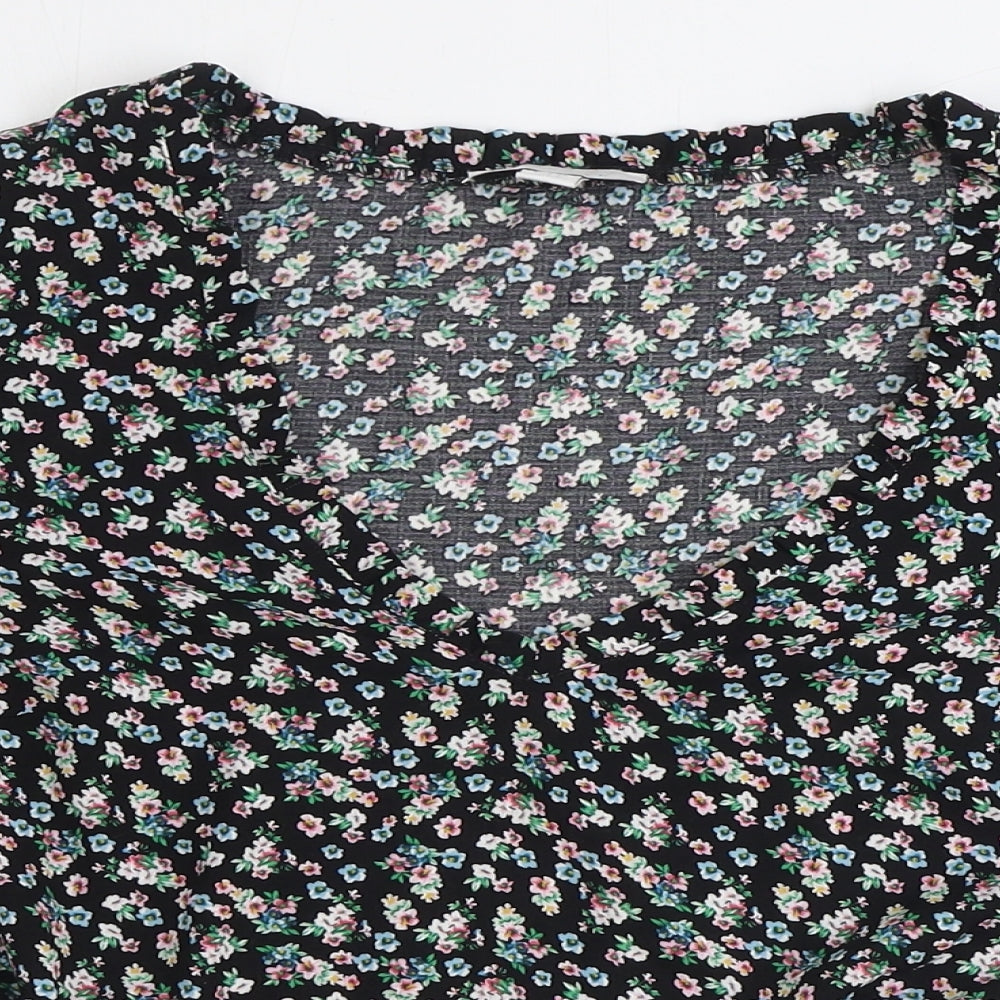 Topshop Womens Black Floral Polyester Cropped Blouse Size 12 Scoop Neck