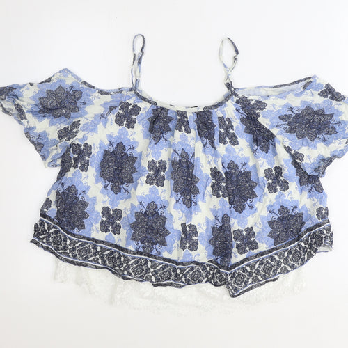Select Womens Blue Geometric Viscose Cropped Blouse Size 12 Off the Shoulder - Lace Detail