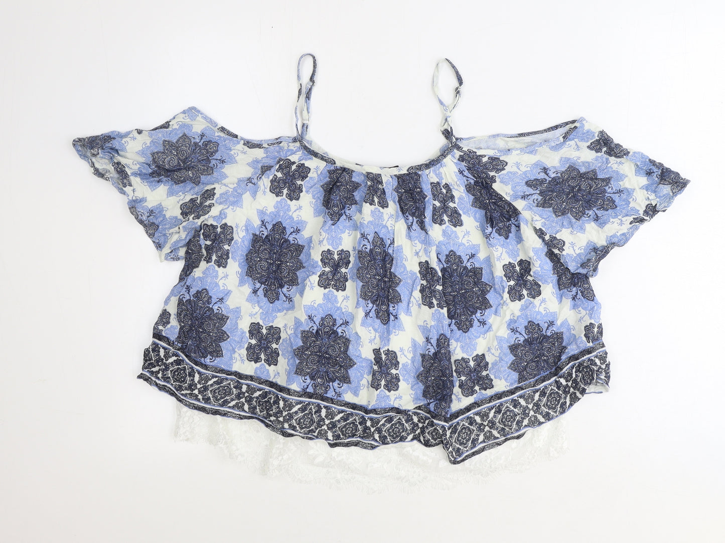 Select Womens Blue Geometric Viscose Cropped Blouse Size 12 Off the Shoulder - Lace Detail