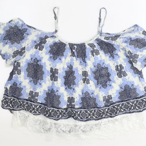 Select Womens Blue Geometric Viscose Cropped Blouse Size 12 Off the Shoulder - Lace Detail