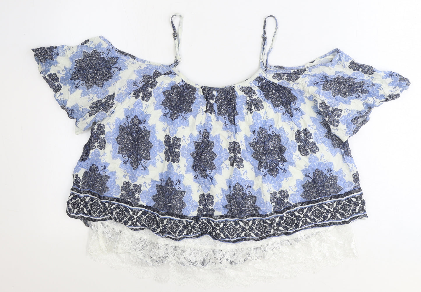 Select Womens Blue Geometric Viscose Cropped Blouse Size 12 Off the Shoulder - Lace Detail