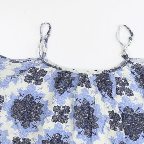 Select Womens Blue Geometric Viscose Cropped Blouse Size 12 Off the Shoulder - Lace Detail