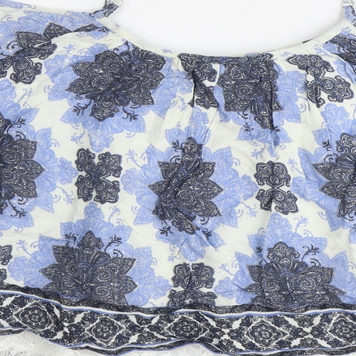 Select Womens Blue Geometric Viscose Cropped Blouse Size 12 Off the Shoulder - Lace Detail