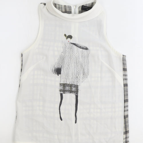 Zara Womens White Plaid Polyester Basic Tank Size S Round Neck