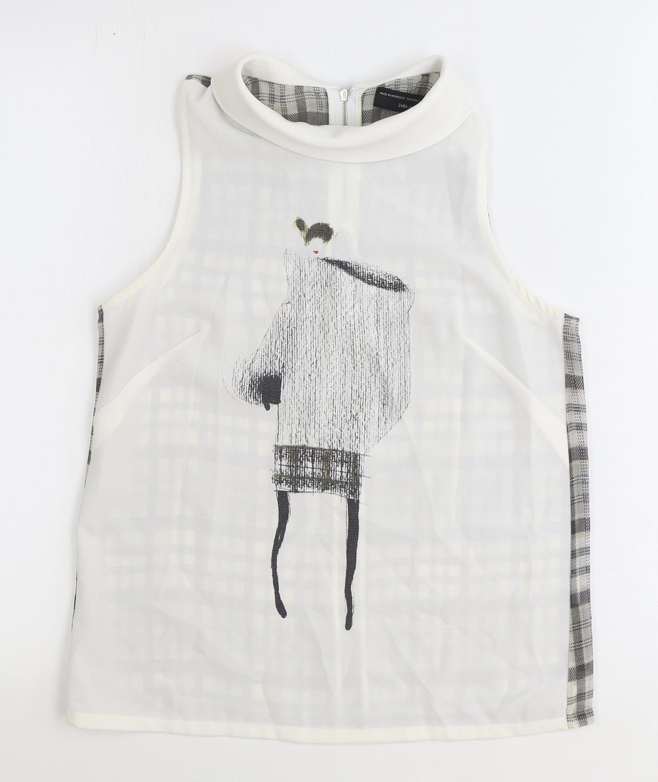 Zara Womens White Plaid Polyester Basic Tank Size S Round Neck