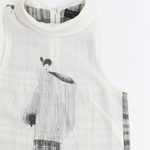 Zara Womens White Plaid Polyester Basic Tank Size S Round Neck