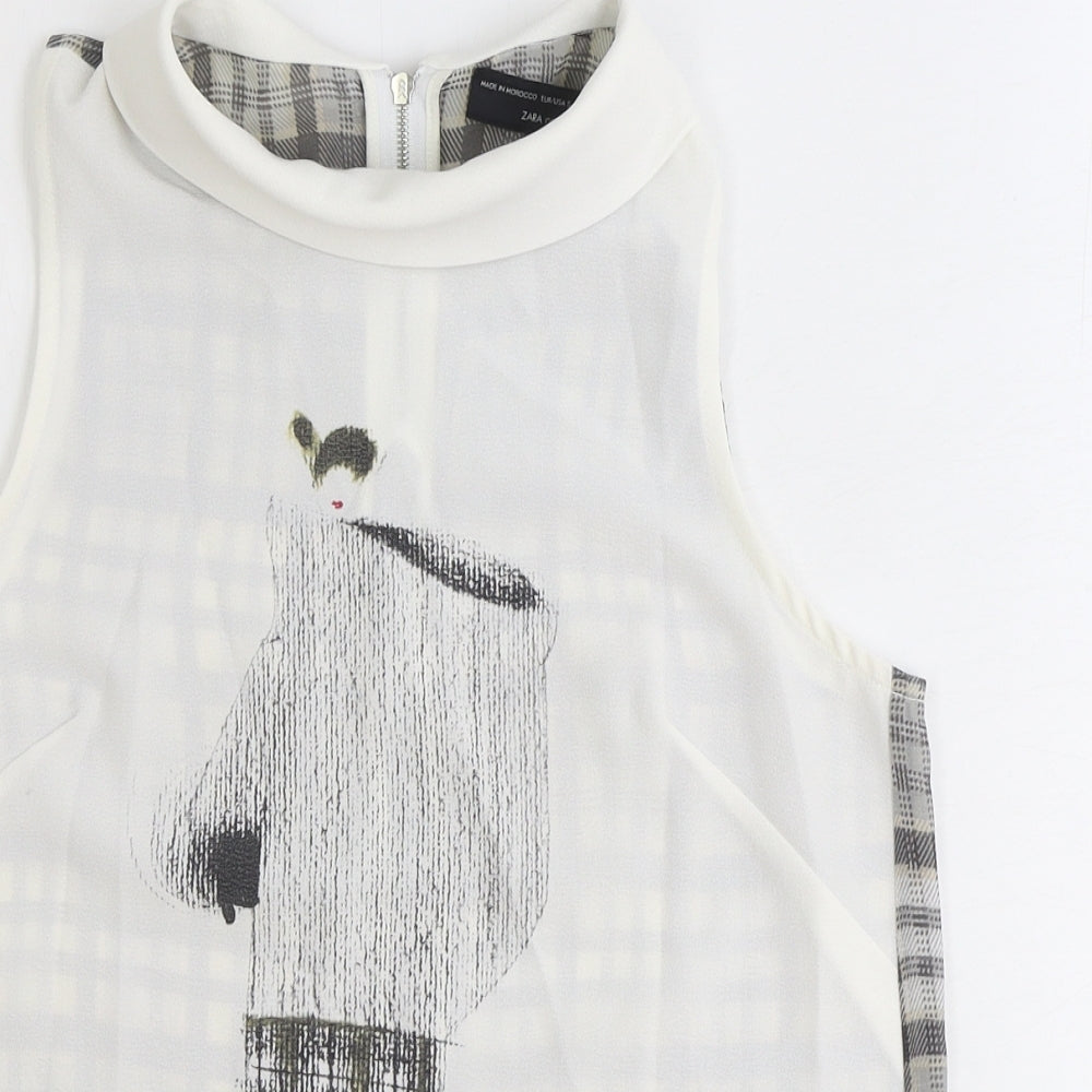 Zara Womens White Plaid Polyester Basic Tank Size S Round Neck