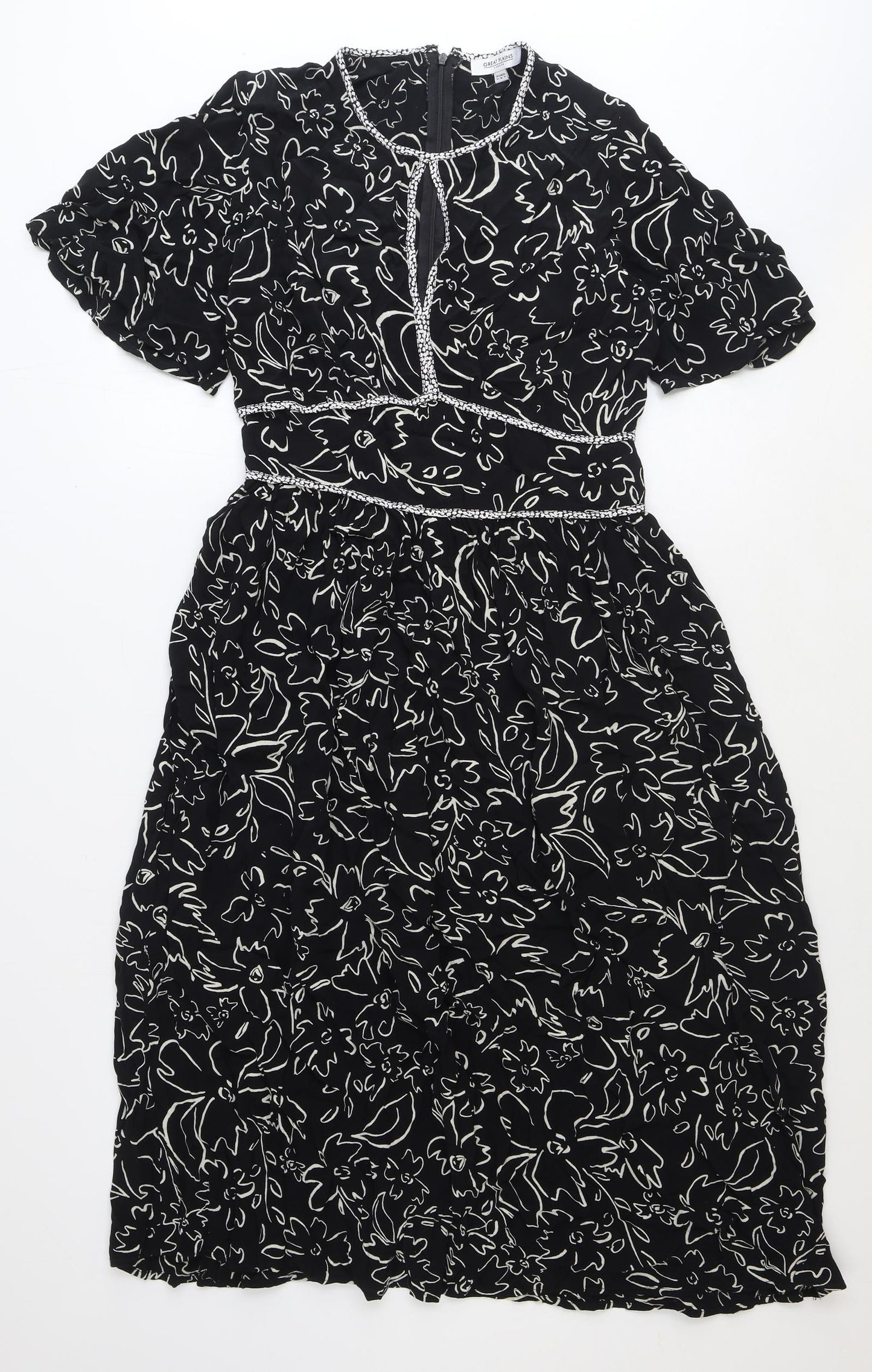 Great Plains Womens Black Geometric Viscose A-Line Size 12 Round Neck Zip