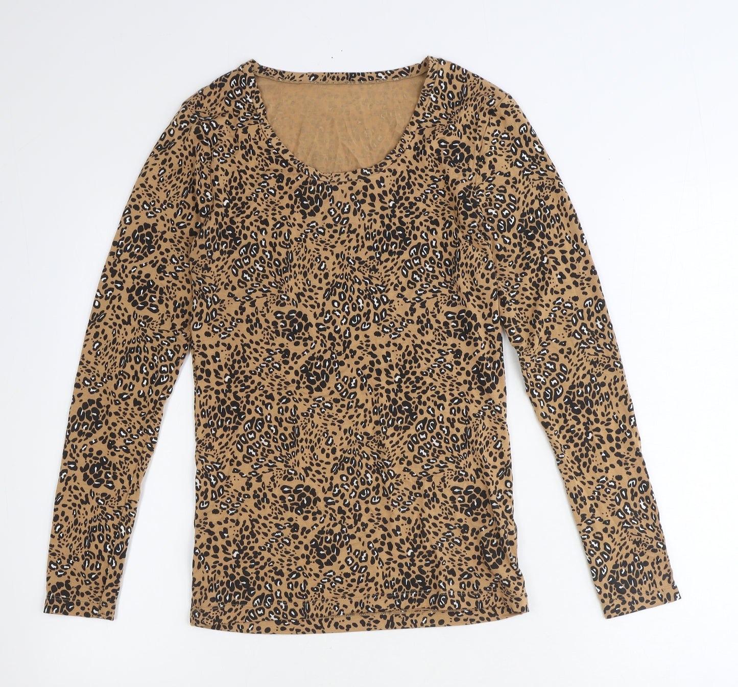 Marks and Spencer Womens Brown Animal Print Acrylic Basic T-Shirt Size 14 Round Neck - Leopard Print