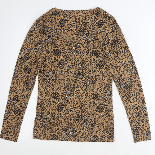 Marks and Spencer Womens Brown Animal Print Acrylic Basic T-Shirt Size 14 Round Neck - Leopard Print