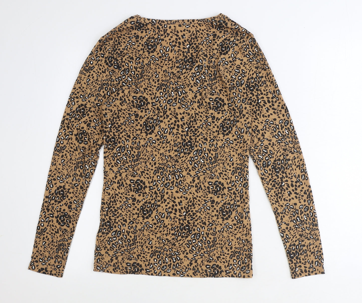 Marks and Spencer Womens Brown Animal Print Acrylic Basic T-Shirt Size 14 Round Neck - Leopard Print