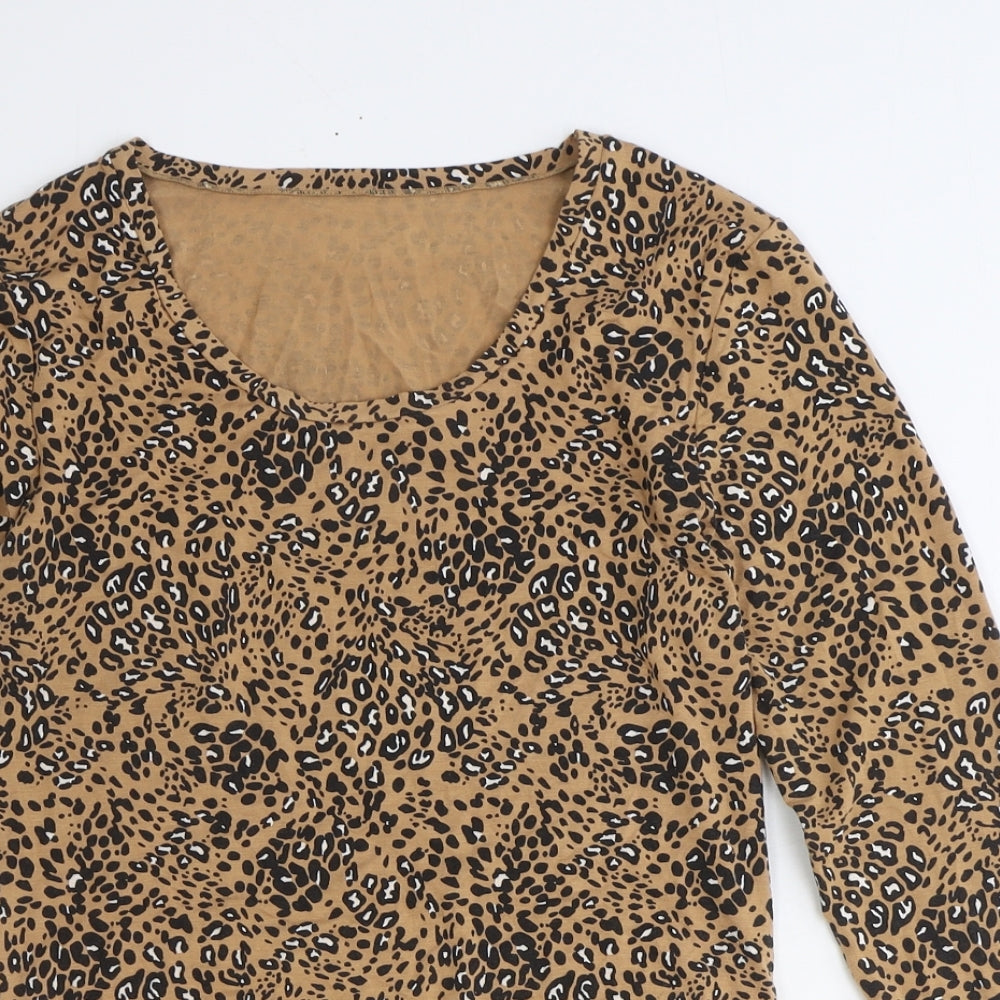 Marks and Spencer Womens Brown Animal Print Acrylic Basic T-Shirt Size 14 Round Neck - Leopard Print