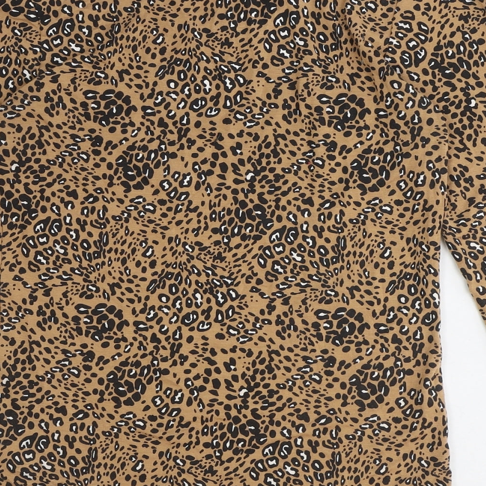 Marks and Spencer Womens Brown Animal Print Acrylic Basic T-Shirt Size 14 Round Neck - Leopard Print