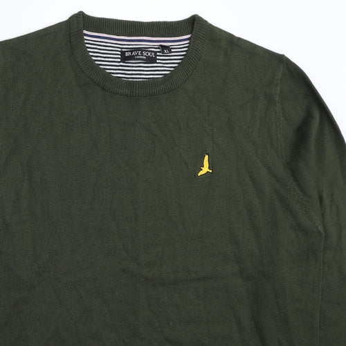 Brave Soul Mens Green Round Neck Acrylic Pullover Jumper Size XL