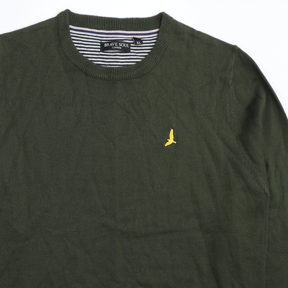 Brave Soul Mens Green Round Neck Acrylic Pullover Jumper Size XL
