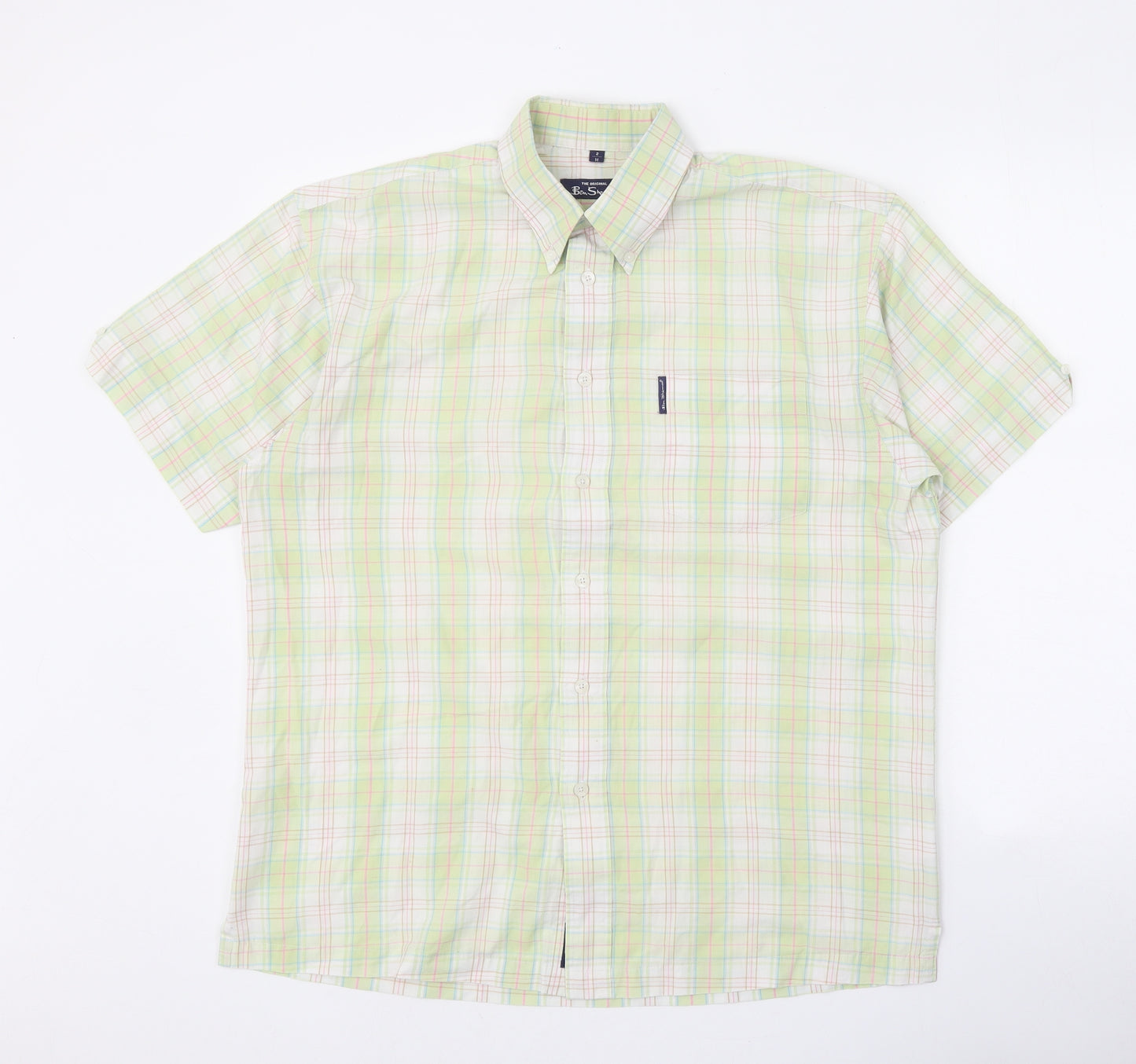 Ben Sherman Mens Green Plaid Polyester Button-Up Size M Collared Button