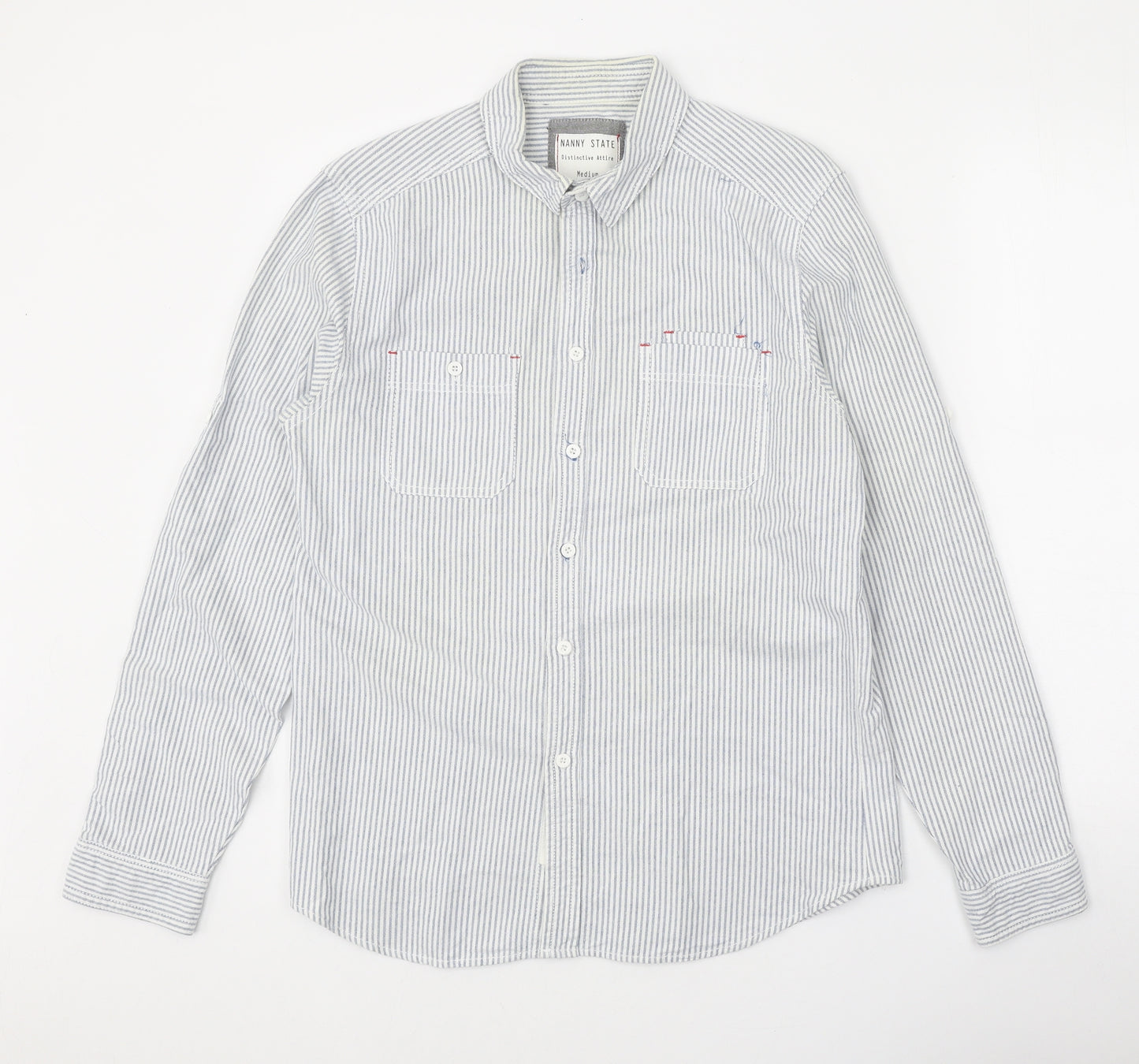 Nanny State Mens Blue Striped Polyester Button-Up Size M Collared Button