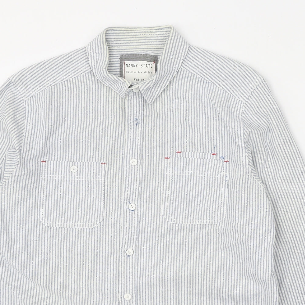 Nanny State Mens Blue Striped Polyester Button-Up Size M Collared Button