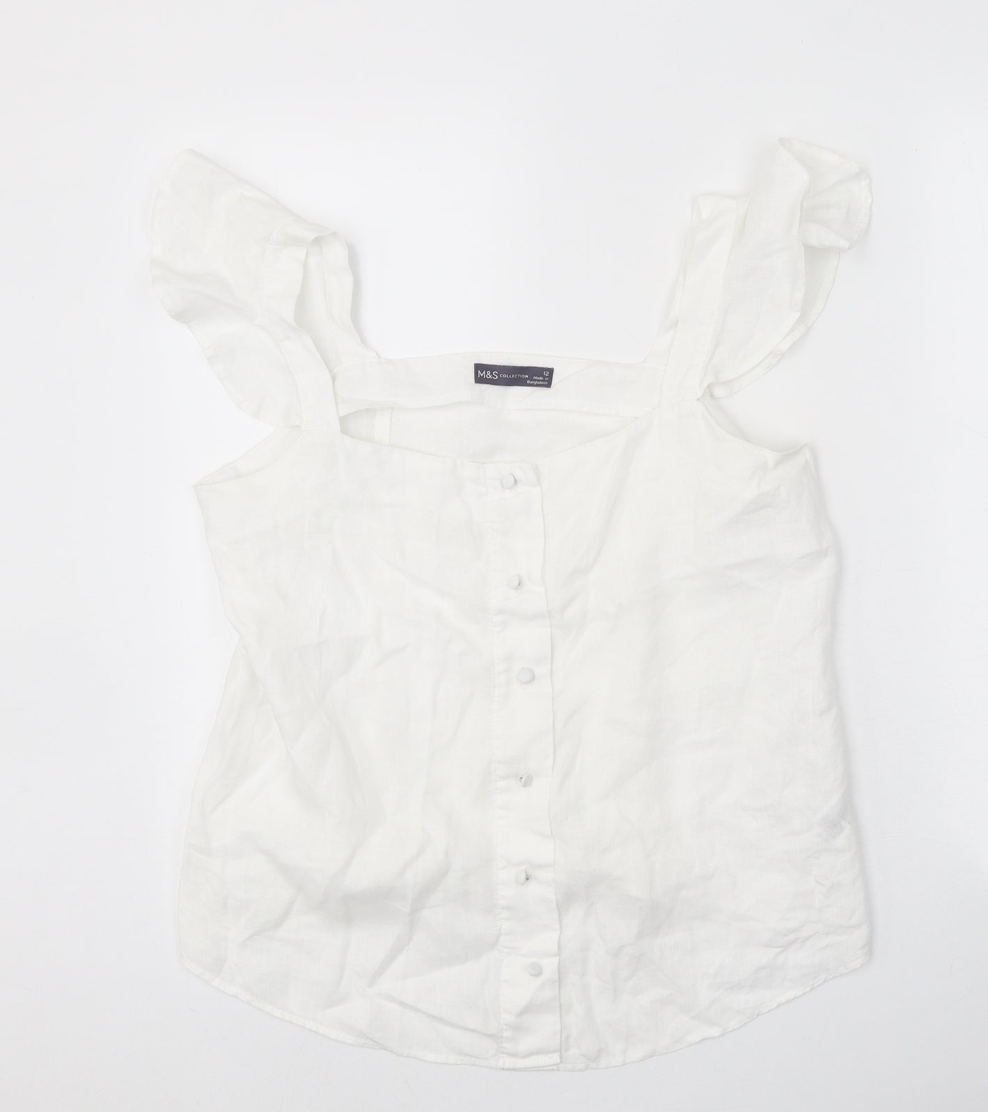 Marks and Spencer Womens White Linen Basic Blouse Size 12 Square Neck