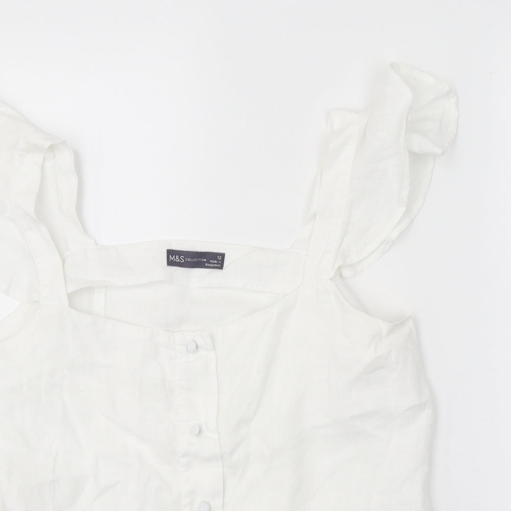 Marks and Spencer Womens White Linen Basic Blouse Size 12 Square Neck